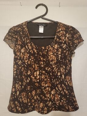 Jones New York Black and Brown Abstract Short Sleeve Scoop Neck Top